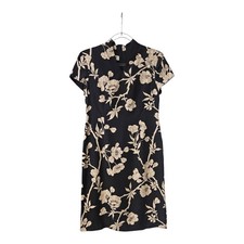 Talbots SIZE PETITE 4 Dress 100% Silk Black Tan Floral V-Neck Short Cap Sleeves