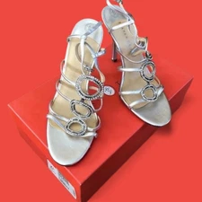 NIB Ivanka Trump Itasteria Silver Leather Embellished Strappy Stiletto Heels 11M