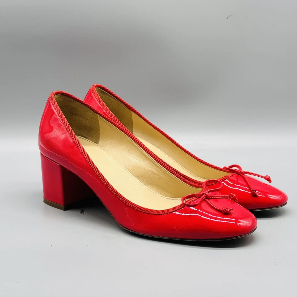 Zapatos de salón J Crew para mujer 7 rojos charol tacón bloque arco clásico punta redonda Foto 2 de 4