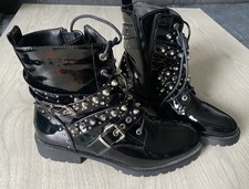 Damen Halbstiefel Gothic Gr 40 Schwarz Glanz Stachel Glitzer Steine