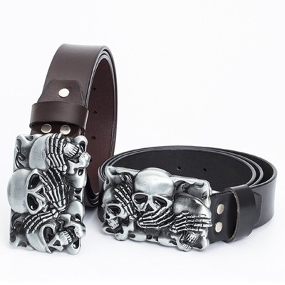 Real Leather Waist Belt Skull Buckle Retro Waistband Punk Rock Biker Unisex Belt