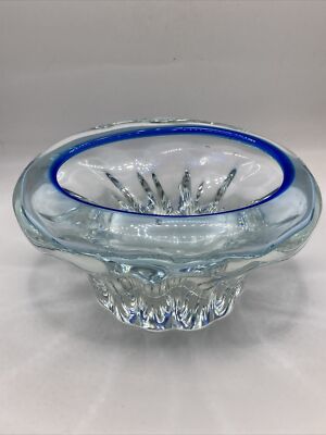 Vintage Kunst Glas große hellblau Kobalt Rand Schmuck Schale Aschenbecher
