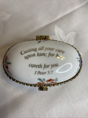 VTG IMPERIAL PORCELAIN TRINKET BOX 3  GOLD-TRIM  CASTING ALL YOUR CARE UPON HIM 