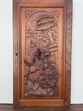 ancien panneau porte bois sculpté Bas relief scène de chasse (chêne)