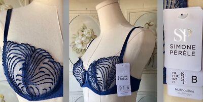 NEW NWT $110 SIMONE PERELE NUANCE UNDERWIRE BRA DENIM BLUE LACE 34B MULTIWAYS