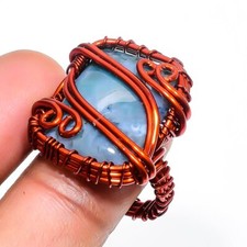 Moss Agate Gemstone Copper Ring Handcrafted Wire Wrap Very Pretty Jewelry 7" o45