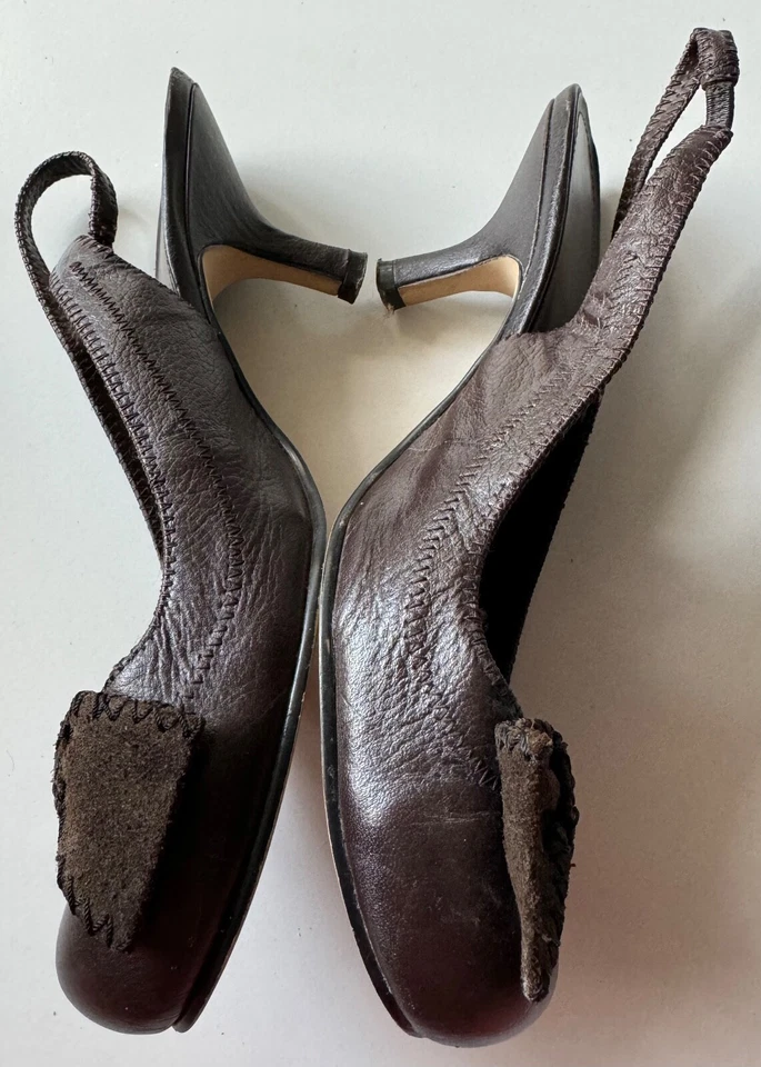 Ann Marino Sling Back Round Toe Bow Leather Slip On Heels Womens Shoes Brown 9M - Image 3 of 4