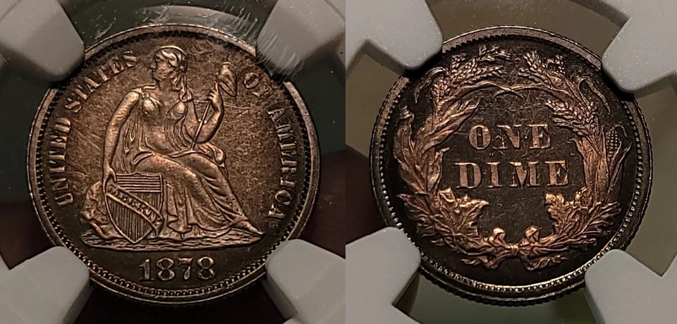 Монета номиналом 10 центов 1878 с изображением сидящей Свободы NGC PR 60 камея