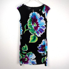 London Style Body Con Dress M Sleeveless Black Floral Knee Length
