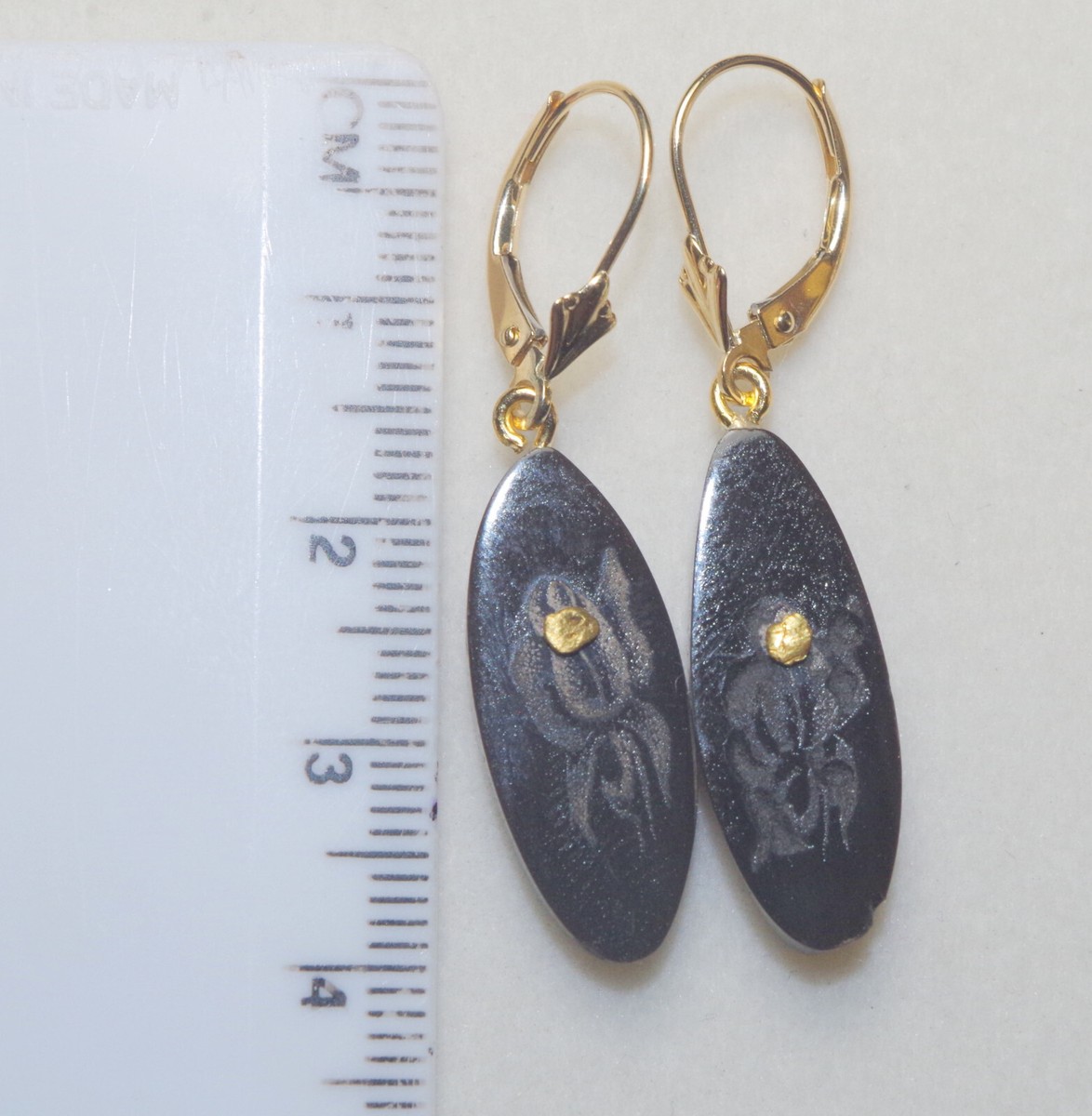 Genuine Antique 14K Carved Elongated Oval Painted Black Coral Earrings View 3