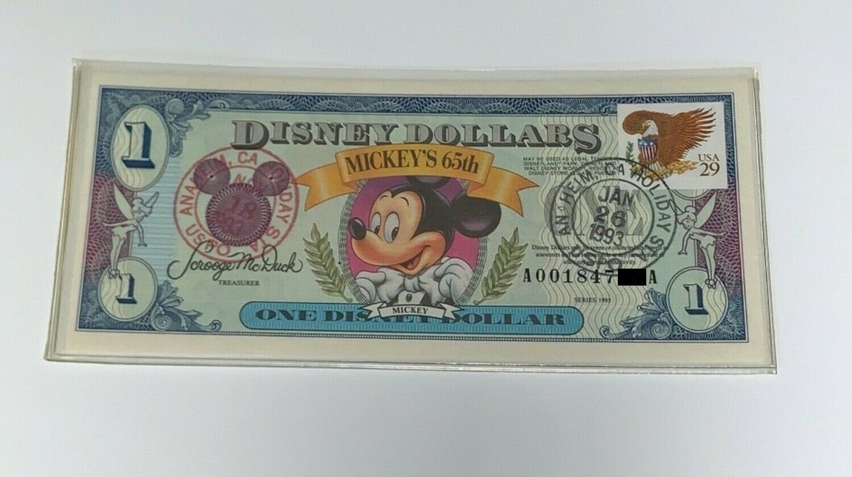 Very Rare Disney Dollar $1 Mickey 65th Birthday Series A 1993 Dual