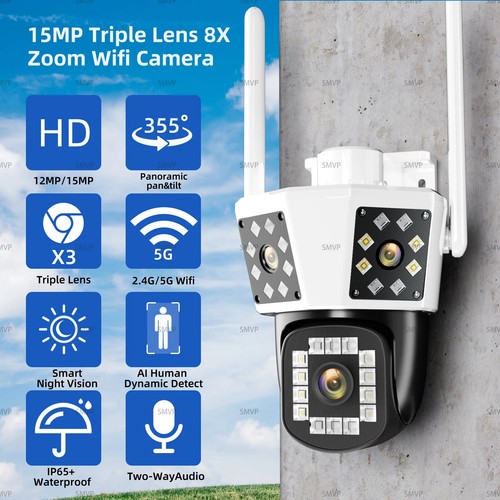 Cámara de vigilancia de 15 MP 8x zoom óptico seguimiento automático 3 lentes 3 pantallas impermeable