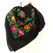 Folk Art Floral Scarf Black with Red and Orange Roses 32x32 Inch Vintage