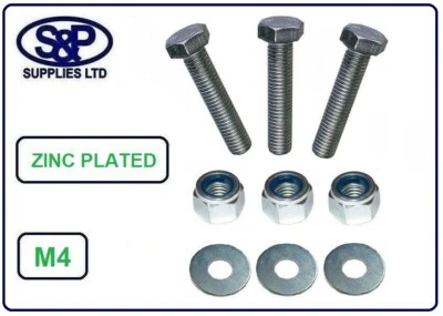 S&P SUPPLIES LTD M4 / 4mm / 4MM FULL THREAD BOLT HIGH TENSILE BZP WITH NYLOC NUT AND WASHER