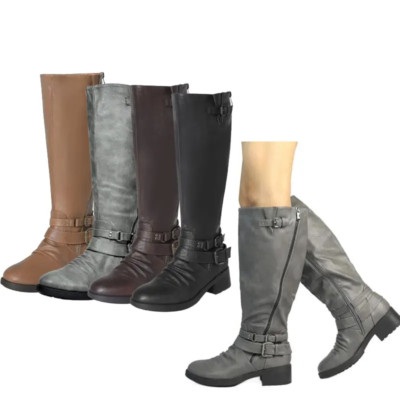 Women Wide Calf Knee High Boots Low Heel Zip Up Faux Fur Lined Boots