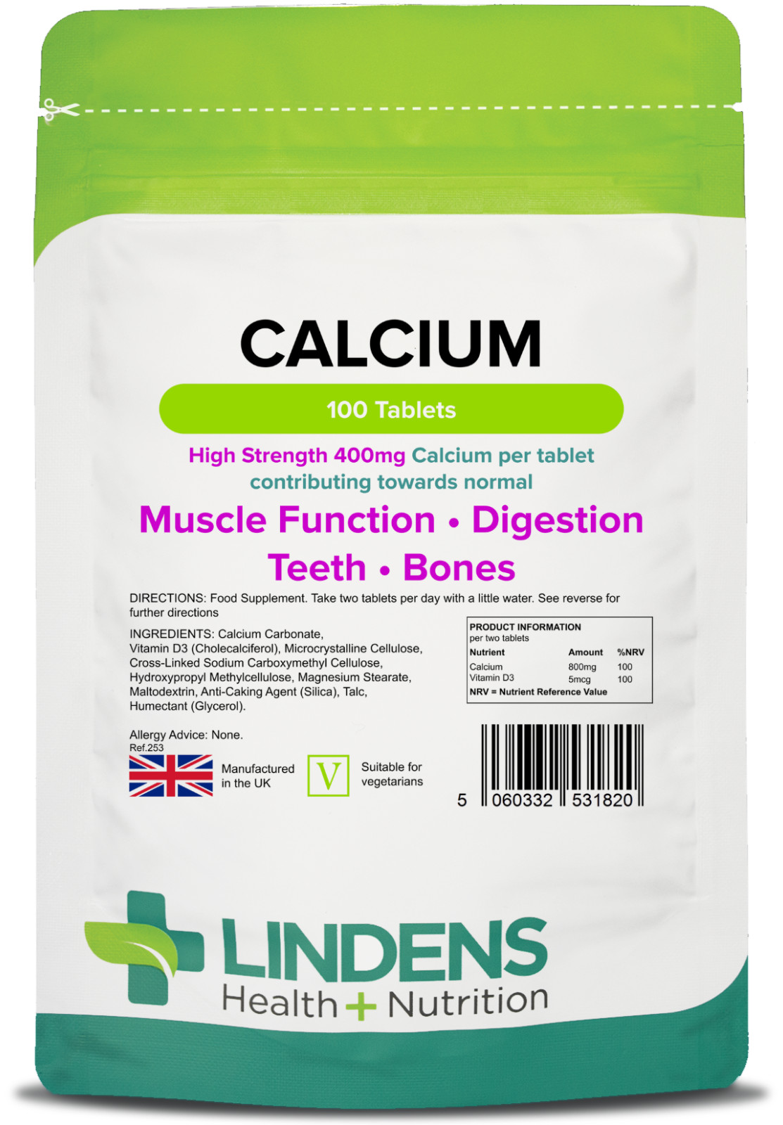 Lindens (1 Pack - 100 Tablets) Calcium Carbonate 100 Tablets 400Mg Quality Food Supplement - Image 4