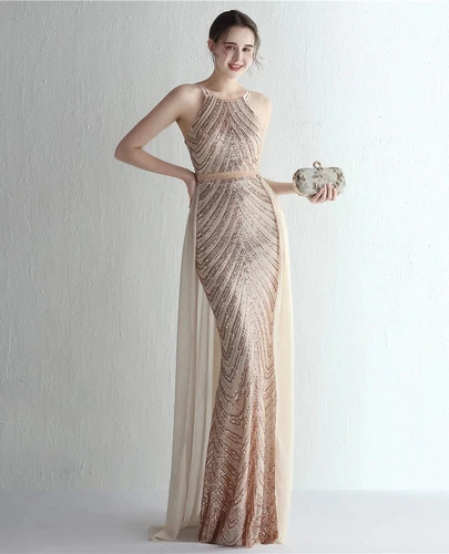 Elegant Gold Sequins Dress Evening Party Women Long Formal Evening Prom Dresses - Picture 16 of 30
