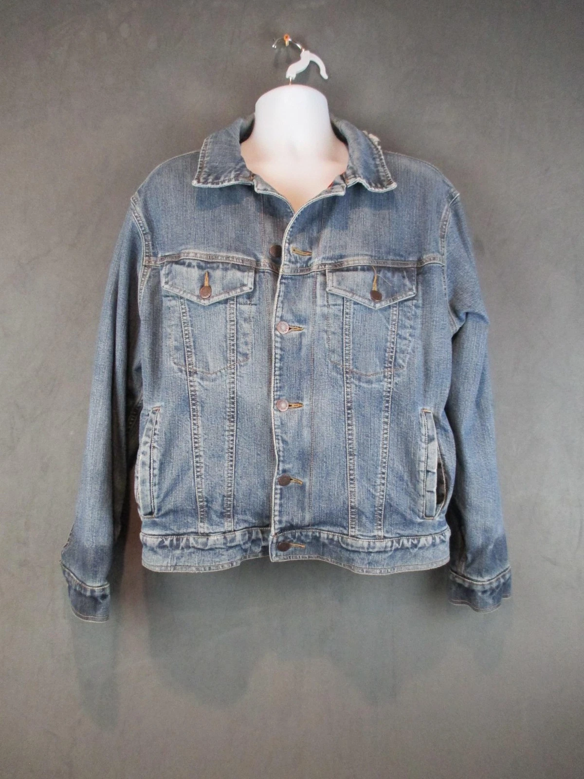Eddie Bauer Jacket Mens Large Blue Denim Trucker Plaid Flannel Lined Button Y2K