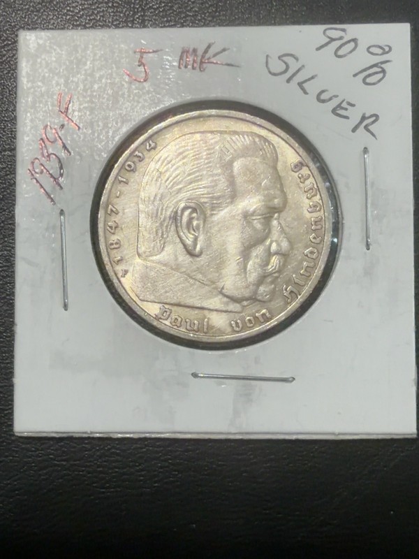 1939 F Germany 5 Reichsmark Silver Coin 90% Paul von Hindenburg Stuttgart Mint