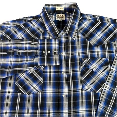 Ely Cattleman Tall Man Men s 3XLT Blue Plaid Western Pearl Snap Button Down