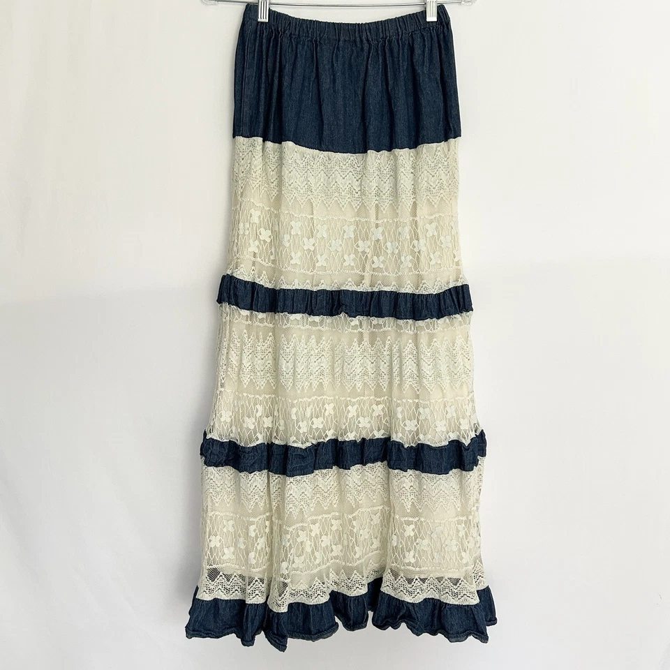 Maxi Falda Vaquera Country Pequeña Boho Pradera Campesina Encaje Denim Cottage De Colección Foto 4 de 4