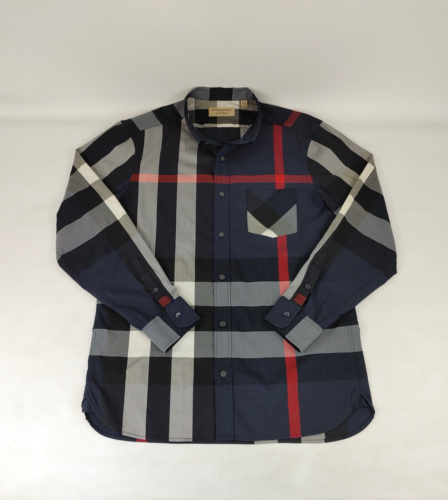 Burberry Thornaby Men's Navy Red Long Sleeve Shirt Size M