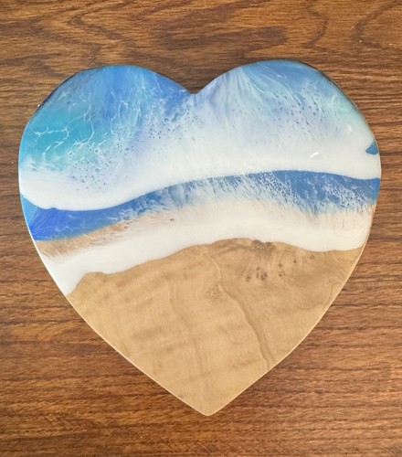 Handmade Heart Resin Charcuterie Cutting Board Ocean Beach Coastal Kitchen Art