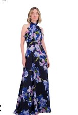$178 Eliza J Floral Ruffled Halter Neck Maxi Dress Sz 8 Ruffles Lined New