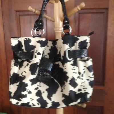 Animal Print Black/Beige Zip Top Large Tote Bag