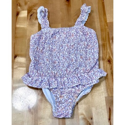 Zara One Piece Swimsuit Kids 4-5 Purple Excellent Floral Smocked Ruffle Swim