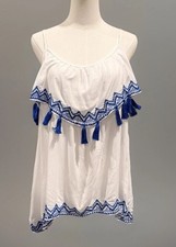 Boho Tiare Hawaii Women's White Blue Embroidered Tasseled Strap Cami Top OS