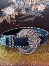 LeathRock Wide Leather Belt- Black w/Silver Buckle, Crystals Lacing -S