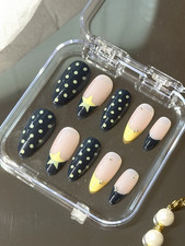 Almond Press-On Nails Black Yellow Nude French 3D Star Polka Dot Full Cover 24pc