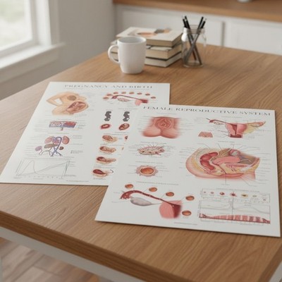 2 Female Reproductive Anatomy+Pregnancy & Birth Anatomy Chart 18''x24'' Laminated