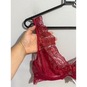Lise Charmel 36C Red Sheer Floral Embroidered Lace Plunge Underwire Bra Lingerie