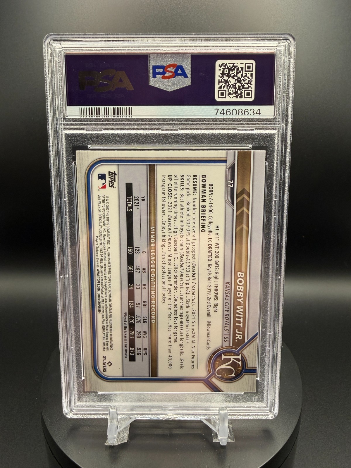 Bobby Witt Jr 2022 Bowman Chrome #77 Base RC PSA 9 view 2