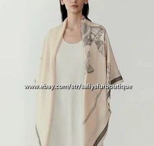 Sallys 70% Cashmere 30% Silk Wrap Scarf Lotus Print Double Face Square Shawl 53"