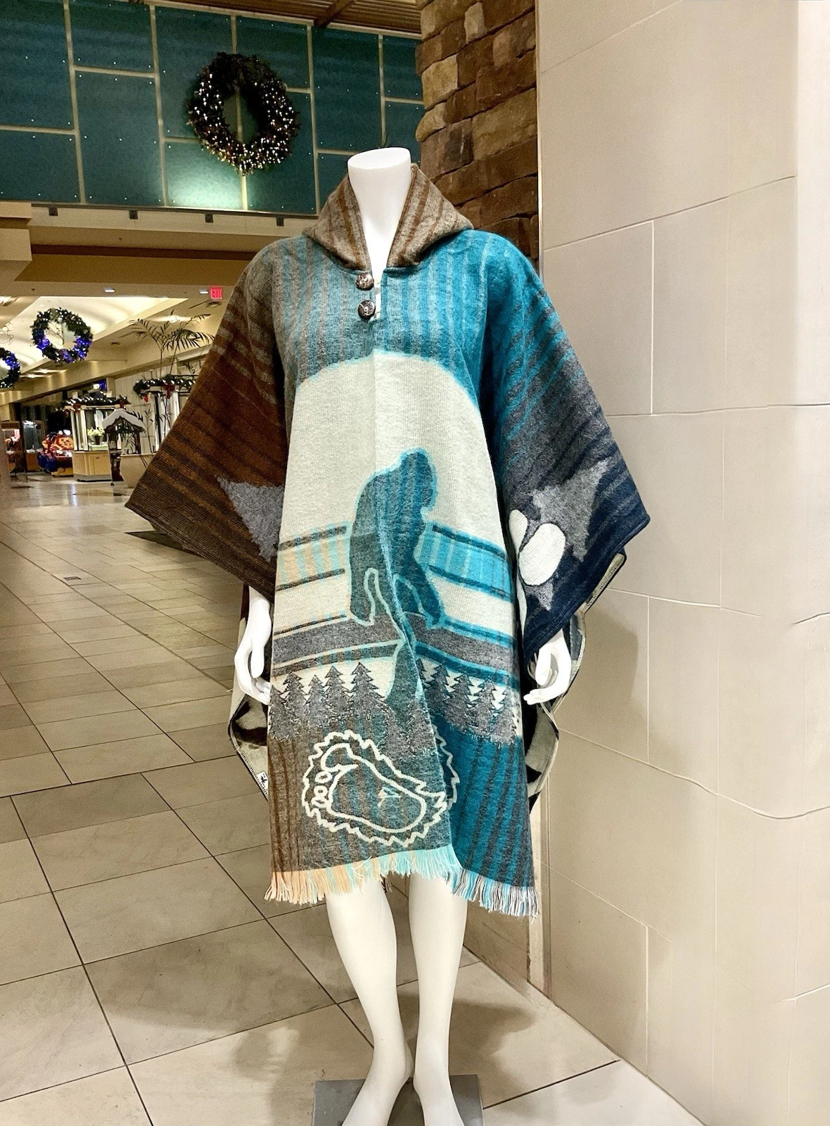 HANDMADE ALPACA WOOL PONCHO, Bigfoot Silhouette Yeti, Light Blue Made In Ecuador