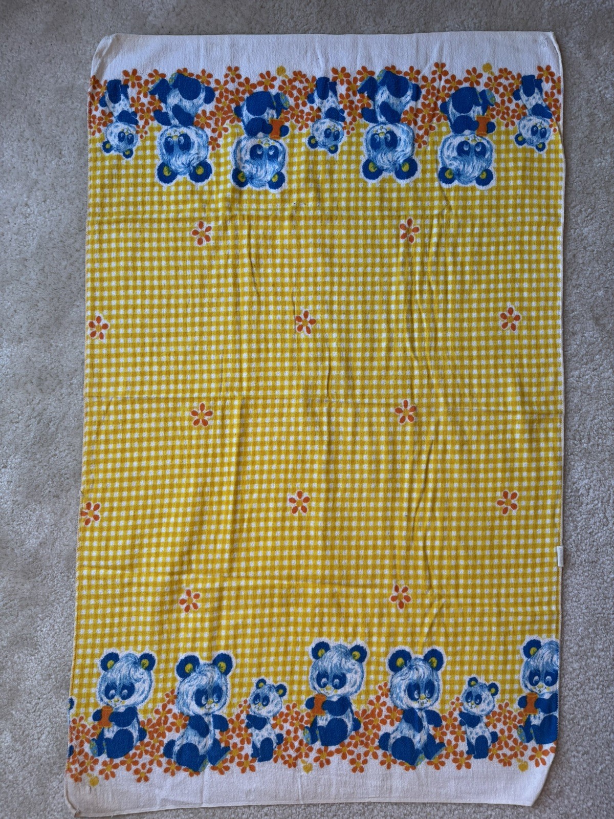 Vintage Baby Blanket Receiving Panda Bear Blue Yellow Orange lovey flaws