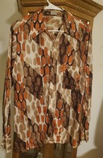 Vintage 1970s Disco Long-sleeve Button Shirt Geometric Orange Brown Size Medium