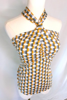 Ava Rose Geometric Halter Top Womens Medium Retro Mod Ruched Stretch Tube Top