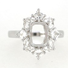 925 Sterling Silver 10x8mm Emerald Cut Semi Mount Ring Starburst Cluster Halo