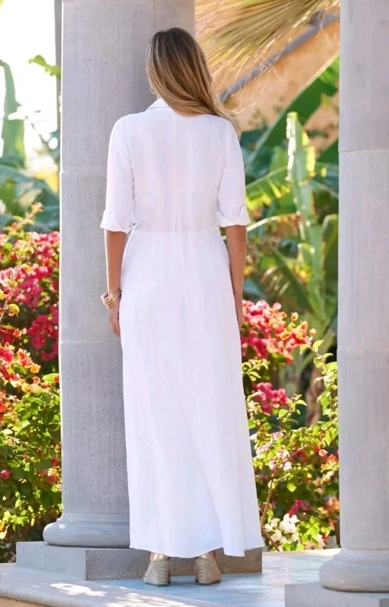 Maxi Camisa Vestido Mediano Boston Proper Blossom Blanco Lino A Medida Manga 3/4 Foto 2 de 4