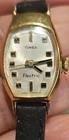 Timex Electric Vintage Gold Oval Analog Dial Ladies Watch Black Leather Strap