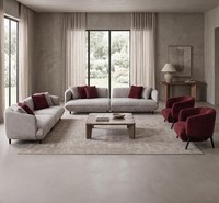 Grau-Rote Polstergarnitur Stilvolle Textilsofas Designer 2X Sessel