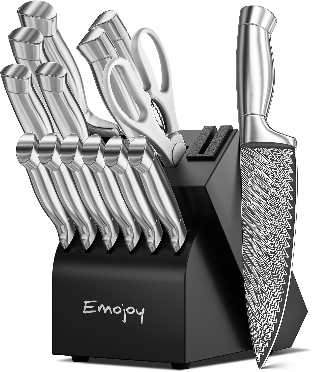 Knife Set, Emojoy 15-Pcs Kitchen Knife Set with Block and Built-in Sharpener, Ge