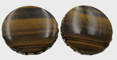 VTG  7/8 TIGERS EYE STYLE light dark Brown gold tone clip on pair button Earring