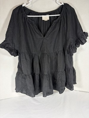 BECASA Women Black 100% Linen Oversized Boho V-Neck Tunic Top Sz Xs/S