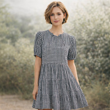 Womens Faithfull Black & White Gingham Tiered Puff Sleeve Midi Dress Size 8