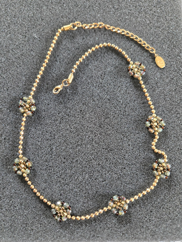 Vintage LC Gold Tone Beaded Ball Chain Necklace w Flower Beaded Accents